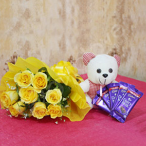 Yellow Roses With Teddy N Dairy Milk Chocolate